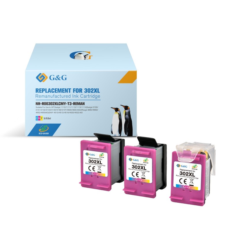 G&G HP 302XL Color Pack de 3 Cartuchos de Tinta Remanufacturados - Eco Saver - Muestra Nivel de Tinta - Reemplaza F6U67AE/F6U65A