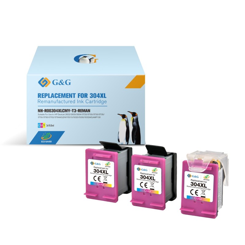 G&G HP 304XL Color Pack de 3 Cartuchos de Tinta Remanufacturados - Eco Saver - Muestra Nivel de Tinta - Reemplaza N9K07AE/N9K05A