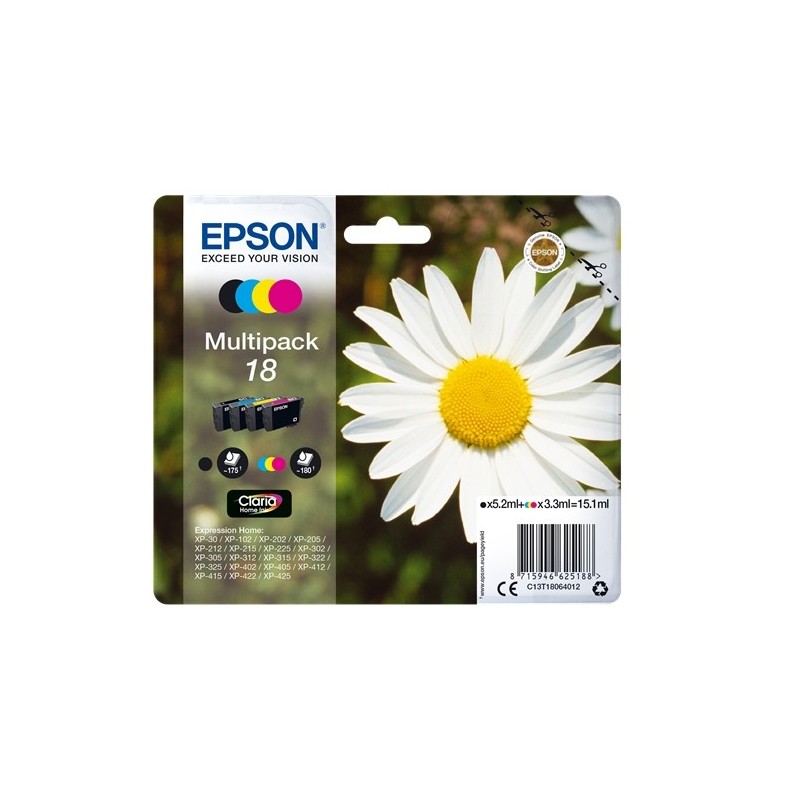 Epson T1806 (18) Pack de 4 Cartuchos de Tinta Originales - C13T18064012