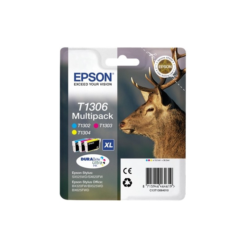 Epson T1306 Pack de 3 Cartuchos de Tinta Originales - Cian, Magenta, Amarillo - C13T13064012