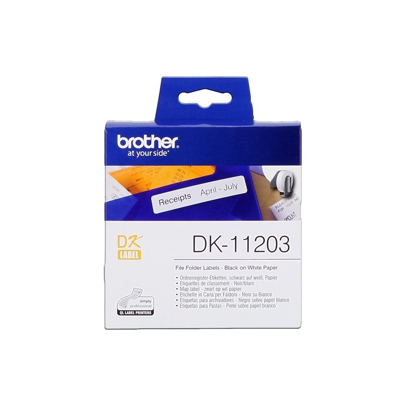 Brother DK11203 - Etiquetas Originales Precortadas para Carpetas - 17x87 mm - 300 Unidades - Texto negro sobre fondo blanco