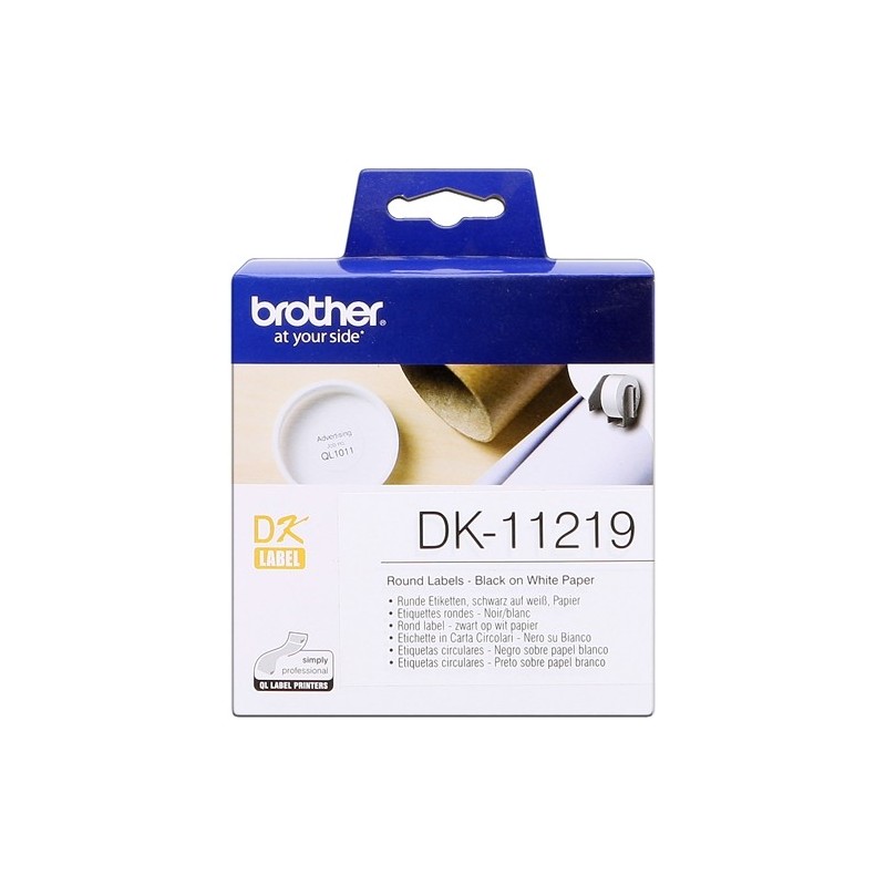 Brother DK11219 - Etiquetas Originales Precortadas Circulares - 12 mm de Diametro - 1200 Unidades - Texto negro sobre fondo blan