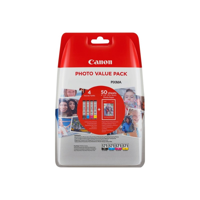 Canon CLI571 Pack de 4 Cartuchos de Tinta Originales - 50 Hojas de Papel Fotografico - 0386C006