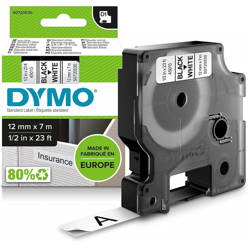 Dymo D1 45013 Cinta de Etiquetas Original para Rotuladora - Texto negro sobre fondo blanco - Ancho 12mm x 7 metros - S0720530