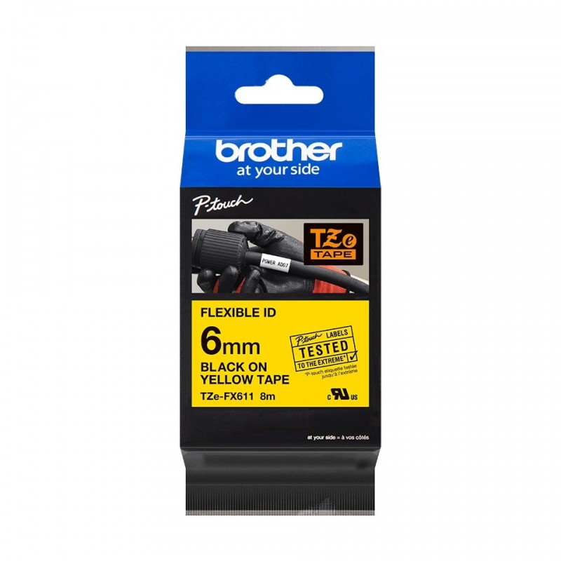 Brother TZeFX611 Cinta Laminada Flexible Original de Etiquetas - Texto negro sobre fondo amarillo - Ancho 6mm x 8 metros