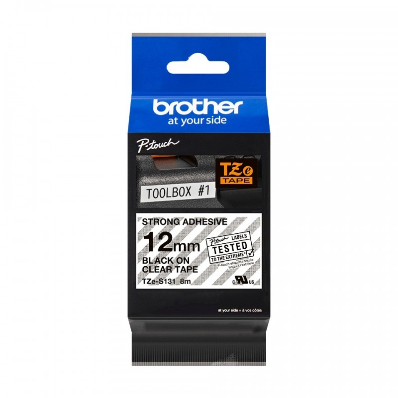 Brother TZeS131 Cinta Laminada Super Adhesiva Original de Etiquetas - Texto negro sobre fondo transparente - Ancho 12mm x 8 metr