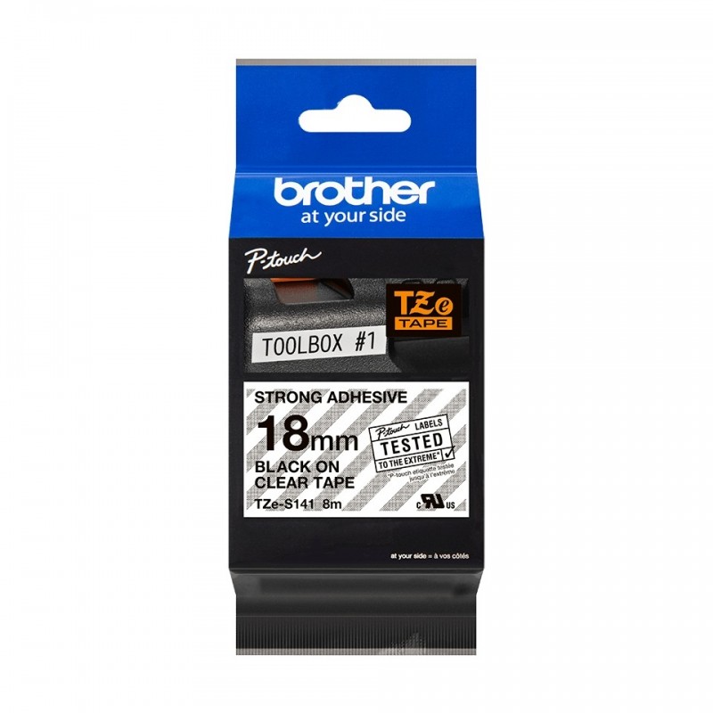 Brother TZeS141 Cinta Laminada Super Adhesiva Original de Etiquetas - Texto negro sobre fondo transparente - Ancho 18mm x 8 metr