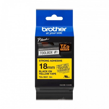 Brother TZeS641 Cinta Laminada Super Adhesiva Original de Etiquetas - Texto negro sobre fondo amarillo - Ancho 18mm x 8 metros