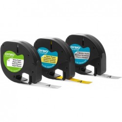 Dymo LetraTag S0721800 Pack de 3 Cintas de Etiquetas Originales para Rotuladora - Texto negro sobre fondo blanco, amarillo y met